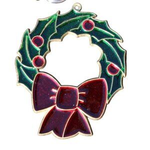 VTG Suncatcher Holly Wreath Christmas Tree/Window Ornament Red Bow Green 4"